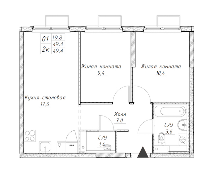 2-комнатная квартира 49.4 м², 11/15 эт., ЖК «Заречный парк»